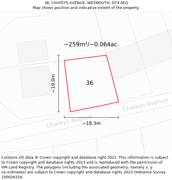 36, CHAFEYS AVENUE, WEYMOUTH, DT4 0EQ: Plot and title map