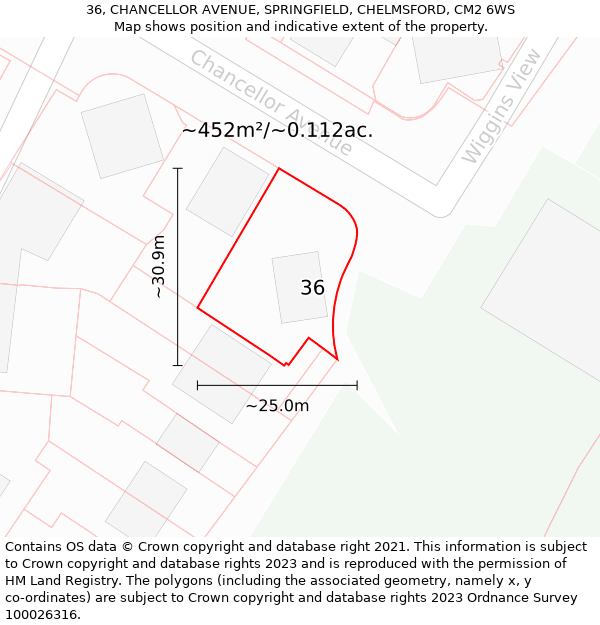 36, CHANCELLOR AVENUE, SPRINGFIELD, CHELMSFORD, CM2 6WS: Plot and title map