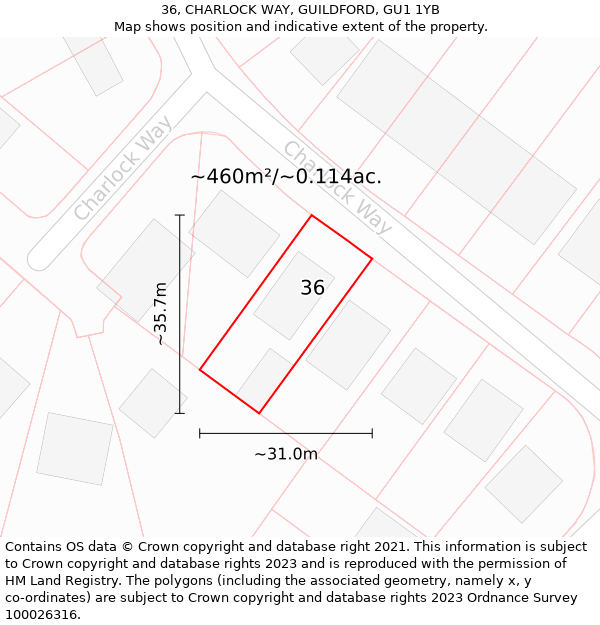 36, CHARLOCK WAY, GUILDFORD, GU1 1YB: Plot and title map