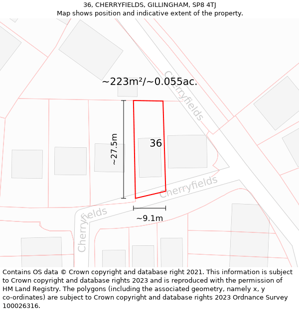 36, CHERRYFIELDS, GILLINGHAM, SP8 4TJ: Plot and title map