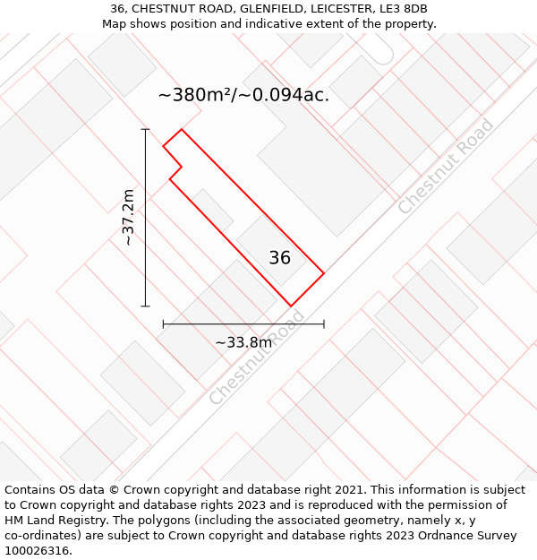 36, CHESTNUT ROAD, GLENFIELD, LEICESTER, LE3 8DB: Plot and title map