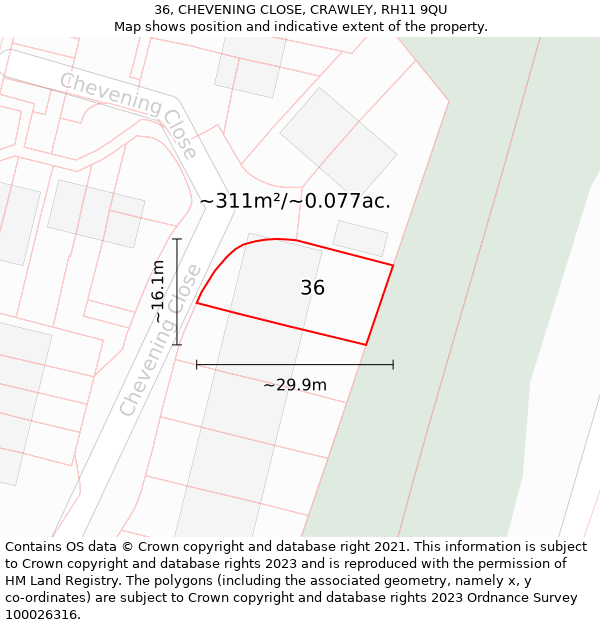 36, CHEVENING CLOSE, CRAWLEY, RH11 9QU: Plot and title map