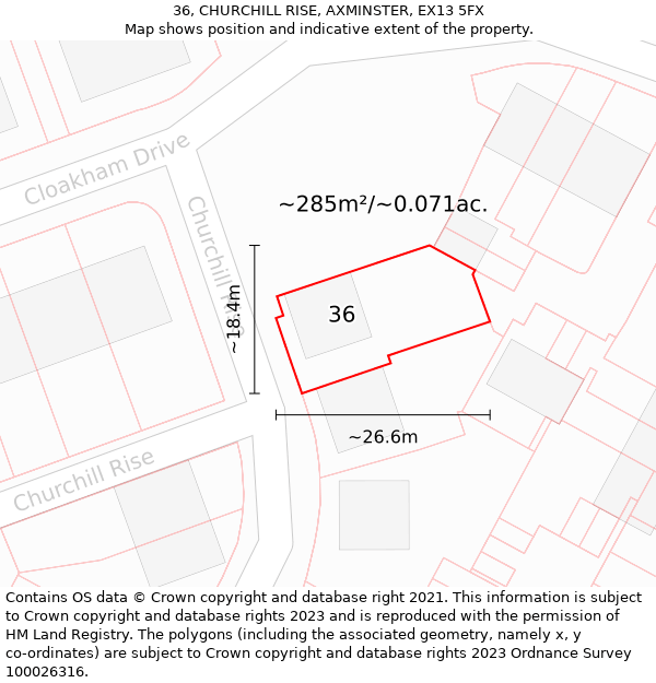 36, CHURCHILL RISE, AXMINSTER, EX13 5FX: Plot and title map