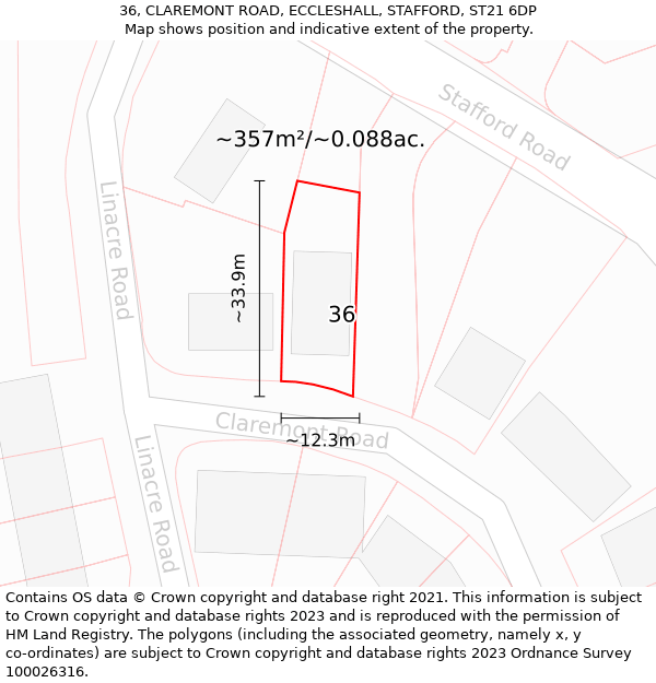 36, CLAREMONT ROAD, ECCLESHALL, STAFFORD, ST21 6DP: Plot and title map