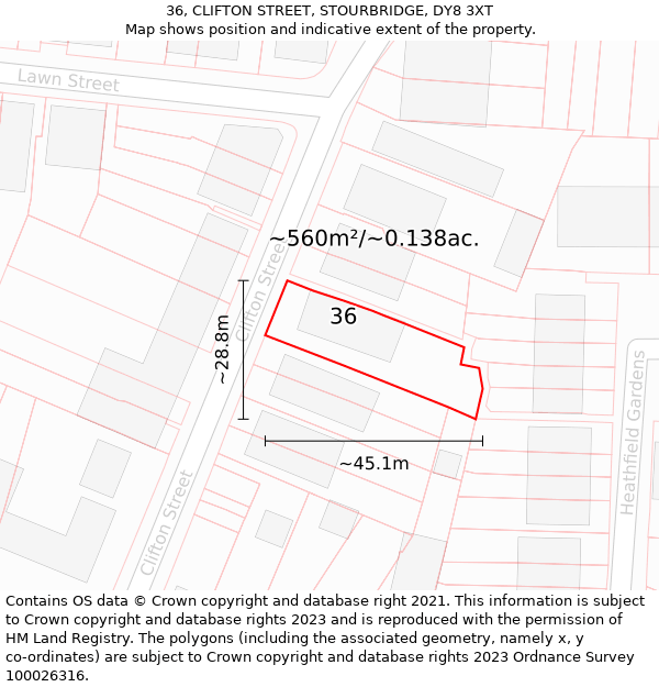 36, CLIFTON STREET, STOURBRIDGE, DY8 3XT: Plot and title map