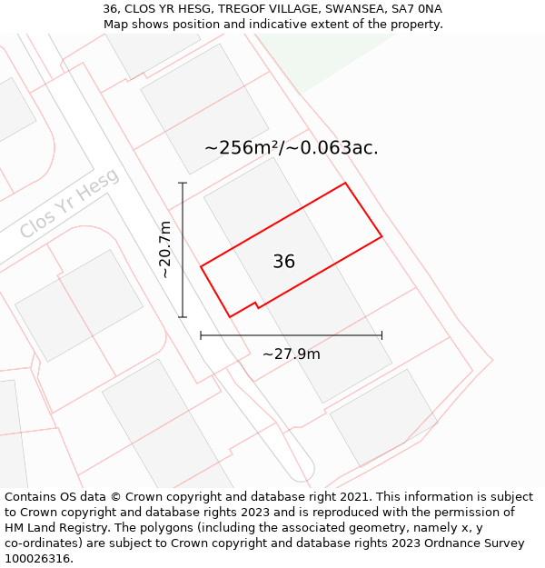 36, CLOS YR HESG, TREGOF VILLAGE, SWANSEA, SA7 0NA: Plot and title map