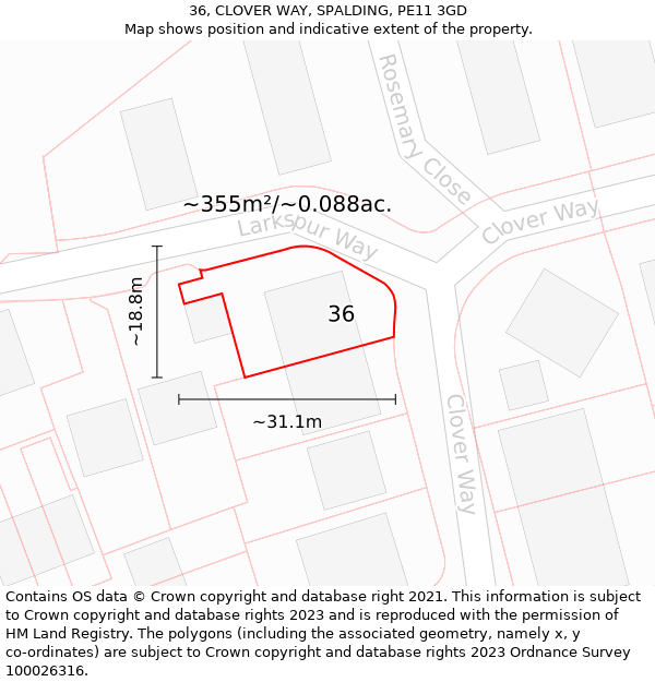 36, CLOVER WAY, SPALDING, PE11 3GD: Plot and title map