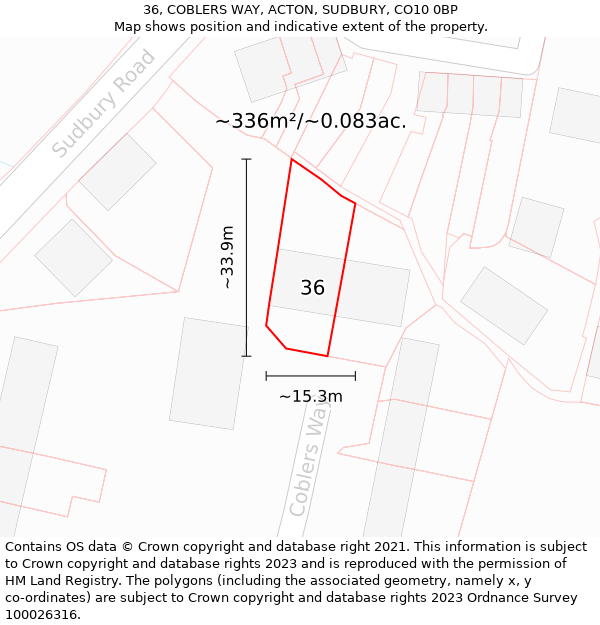 36, COBLERS WAY, ACTON, SUDBURY, CO10 0BP: Plot and title map