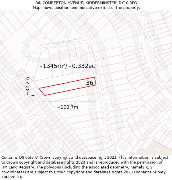 36, COMBERTON AVENUE, KIDDERMINSTER, DY10 3EG: Plot and title map