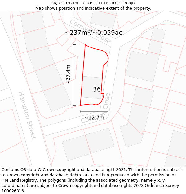 36, CORNWALL CLOSE, TETBURY, GL8 8JD: Plot and title map