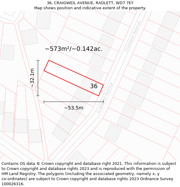 36, CRAIGWEIL AVENUE, RADLETT, WD7 7EY: Plot and title map