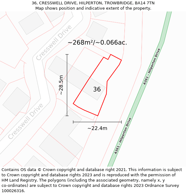 36, CRESSWELL DRIVE, HILPERTON, TROWBRIDGE, BA14 7TN: Plot and title map