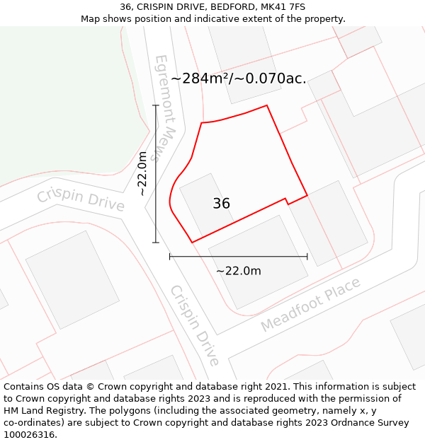 36, CRISPIN DRIVE, BEDFORD, MK41 7FS: Plot and title map