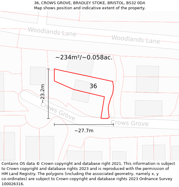 36, CROWS GROVE, BRADLEY STOKE, BRISTOL, BS32 0DA: Plot and title map