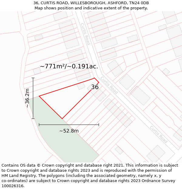 36, CURTIS ROAD, WILLESBOROUGH, ASHFORD, TN24 0DB: Plot and title map