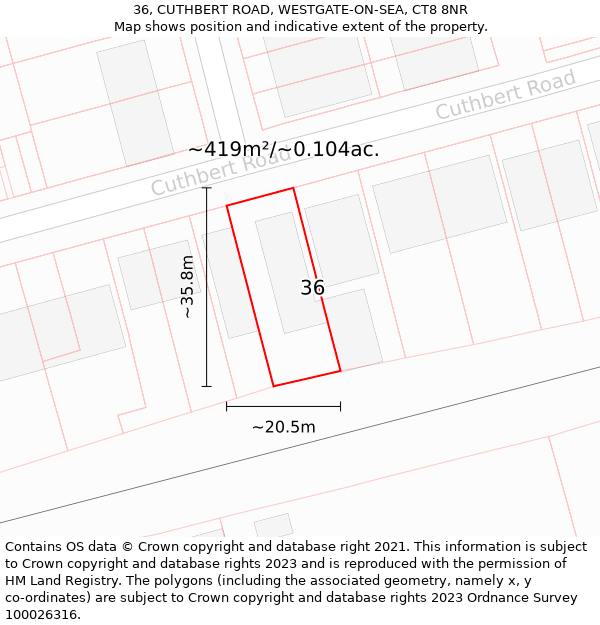 36, CUTHBERT ROAD, WESTGATE-ON-SEA, CT8 8NR: Plot and title map