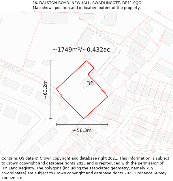 36, DALSTON ROAD, NEWHALL, SWADLINCOTE, DE11 0QG: Plot and title map
