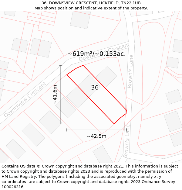 36, DOWNSVIEW CRESCENT, UCKFIELD, TN22 1UB: Plot and title map