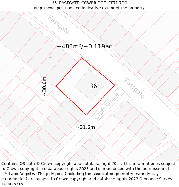 36, EASTGATE, COWBRIDGE, CF71 7DG: Plot and title map