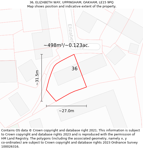 36, ELIZABETH WAY, UPPINGHAM, OAKHAM, LE15 9PQ: Plot and title map