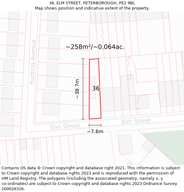 36, ELM STREET, PETERBOROUGH, PE2 9BL: Plot and title map