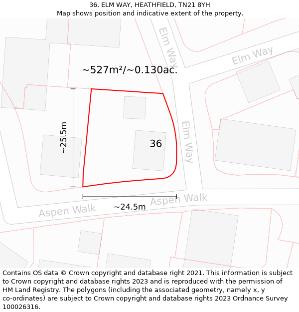 36, ELM WAY, HEATHFIELD, TN21 8YH: Plot and title map