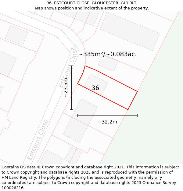 36, ESTCOURT CLOSE, GLOUCESTER, GL1 3LT: Plot and title map