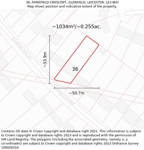 36, FAIREFIELD CRESCENT, GLENFIELD, LEICESTER, LE3 8EH: Plot and title map