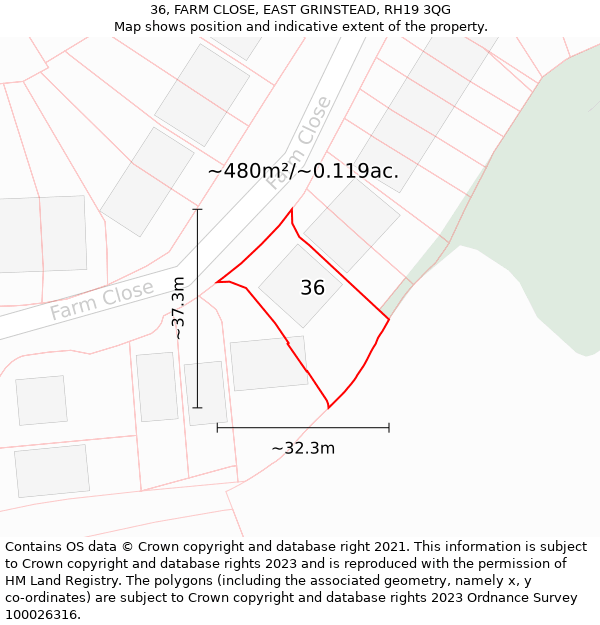 36, FARM CLOSE, EAST GRINSTEAD, RH19 3QG: Plot and title map