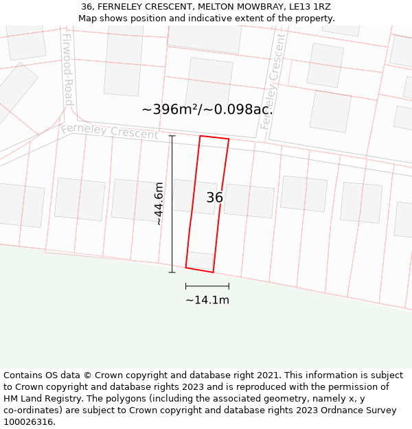 36, FERNELEY CRESCENT, MELTON MOWBRAY, LE13 1RZ: Plot and title map