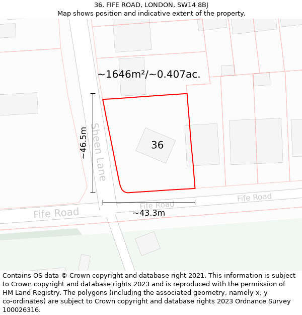 36, FIFE ROAD, LONDON, SW14 8BJ: Plot and title map