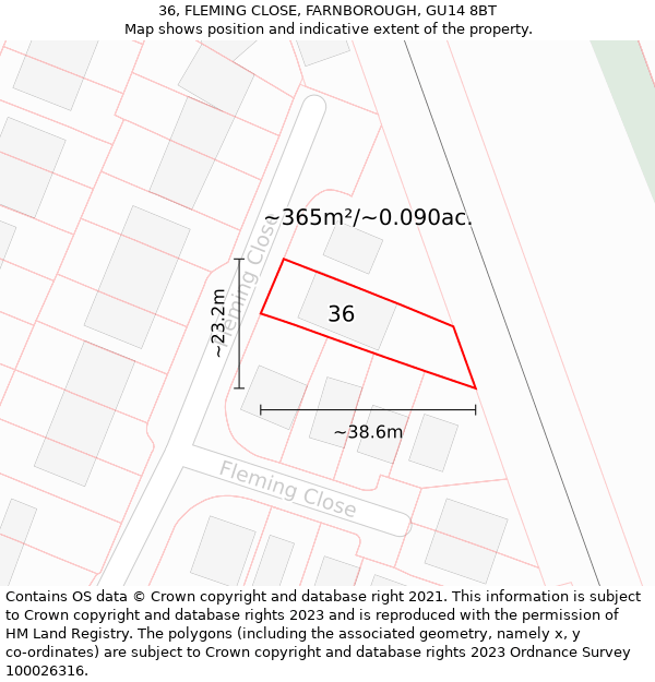 36, FLEMING CLOSE, FARNBOROUGH, GU14 8BT: Plot and title map