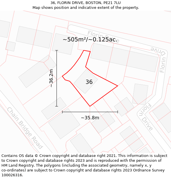 36, FLORIN DRIVE, BOSTON, PE21 7LU: Plot and title map