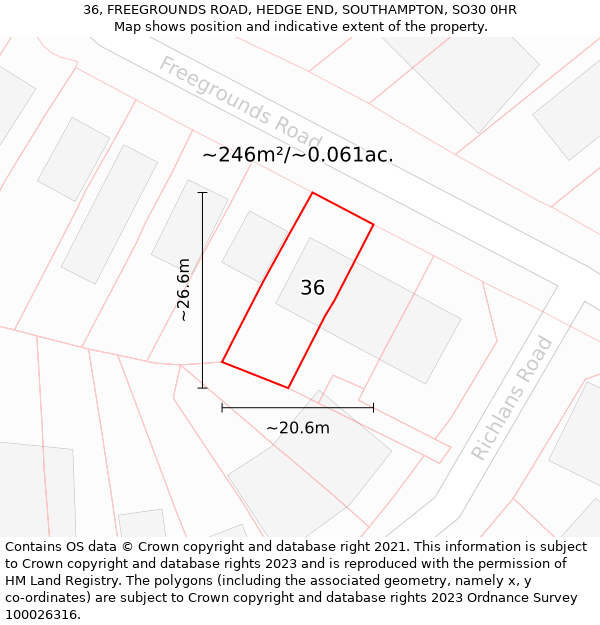 36, FREEGROUNDS ROAD, HEDGE END, SOUTHAMPTON, SO30 0HR: Plot and title map