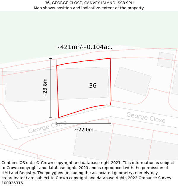 36, GEORGE CLOSE, CANVEY ISLAND, SS8 9PU: Plot and title map