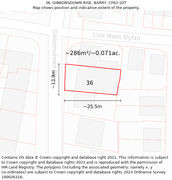 36, GIBBONSDOWN RISE, BARRY, CF63 1DT: Plot and title map