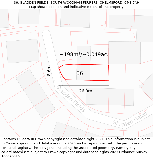 36, GLADDEN FIELDS, SOUTH WOODHAM FERRERS, CHELMSFORD, CM3 7AH: Plot and title map