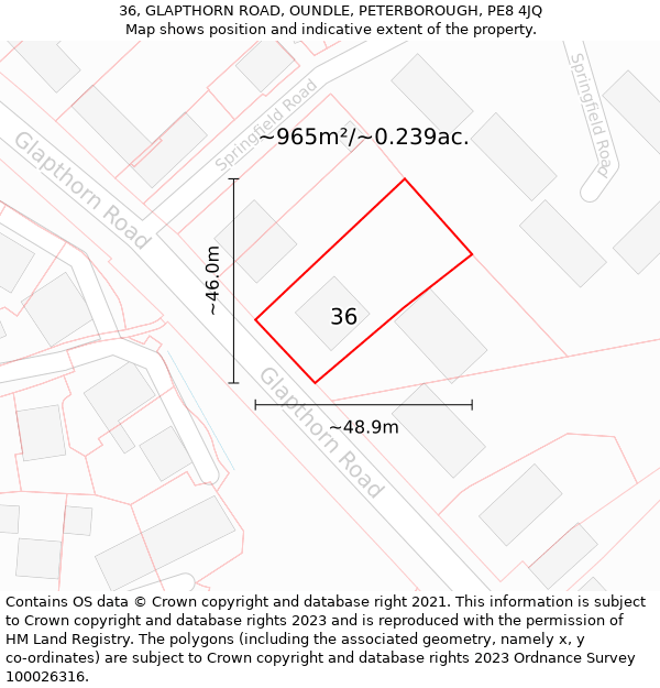 36, GLAPTHORN ROAD, OUNDLE, PETERBOROUGH, PE8 4JQ: Plot and title map