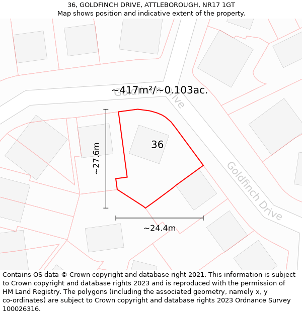 36, GOLDFINCH DRIVE, ATTLEBOROUGH, NR17 1GT: Plot and title map