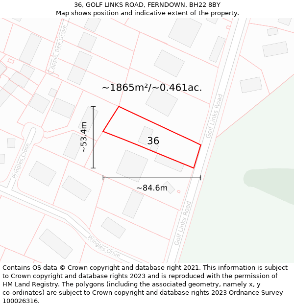 36, GOLF LINKS ROAD, FERNDOWN, BH22 8BY: Plot and title map