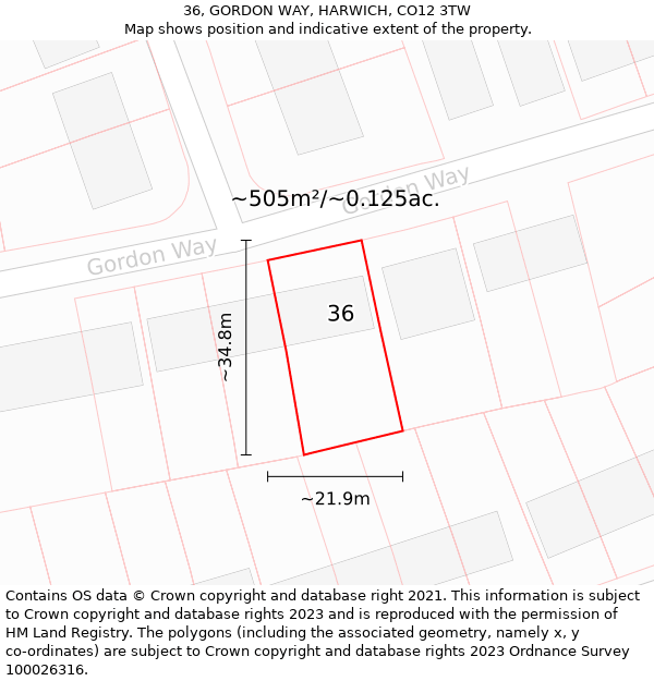 36, GORDON WAY, HARWICH, CO12 3TW: Plot and title map