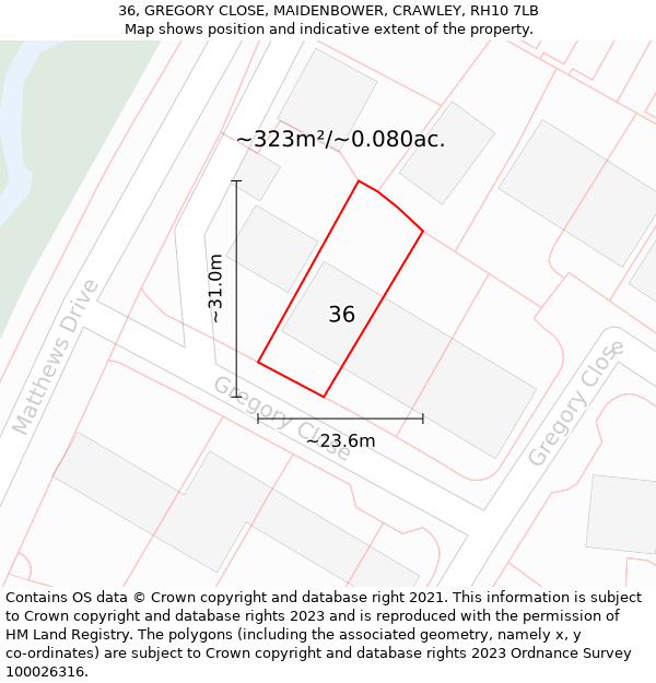 36, GREGORY CLOSE, MAIDENBOWER, CRAWLEY, RH10 7LB: Plot and title map