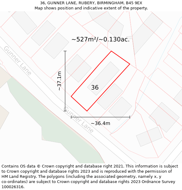 36, GUNNER LANE, RUBERY, BIRMINGHAM, B45 9EX: Plot and title map