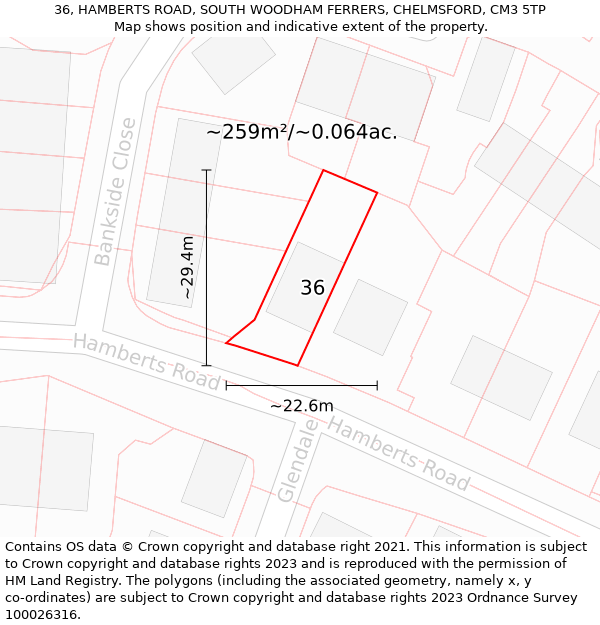 36, HAMBERTS ROAD, SOUTH WOODHAM FERRERS, CHELMSFORD, CM3 5TP: Plot and title map