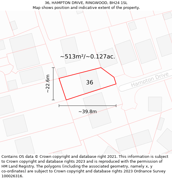 36, HAMPTON DRIVE, RINGWOOD, BH24 1SL: Plot and title map