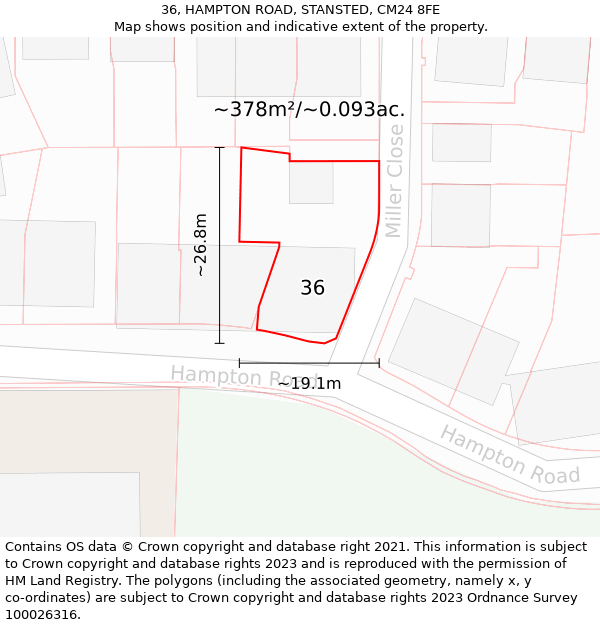 36, HAMPTON ROAD, STANSTED, CM24 8FE: Plot and title map