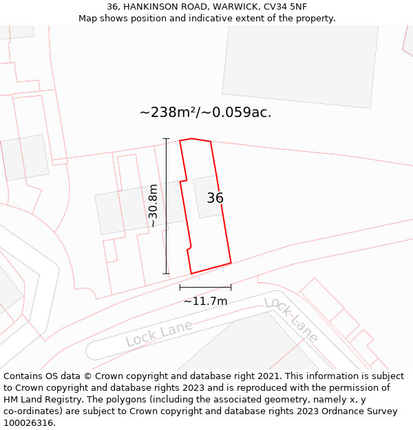 36, HANKINSON ROAD, WARWICK, CV34 5NF: Plot and title map