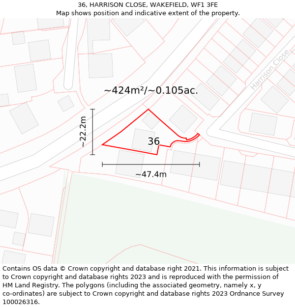 36, HARRISON CLOSE, WAKEFIELD, WF1 3FE: Plot and title map