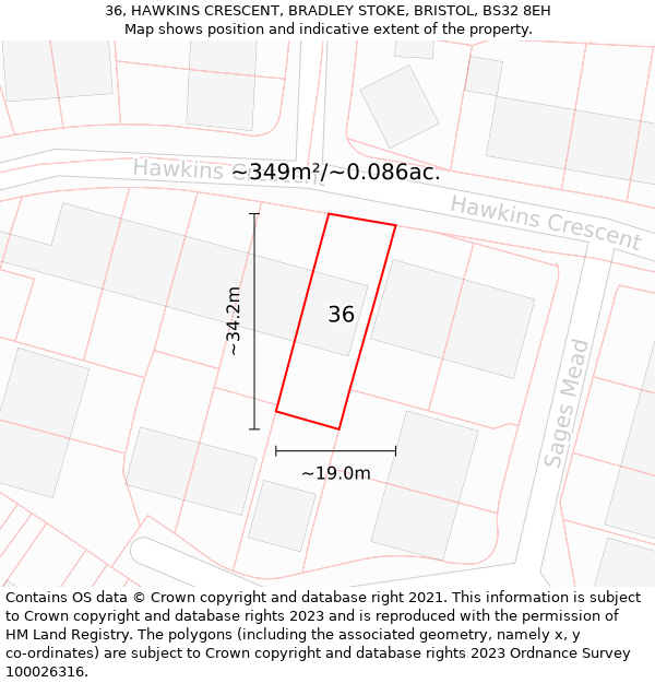 36, HAWKINS CRESCENT, BRADLEY STOKE, BRISTOL, BS32 8EH: Plot and title map