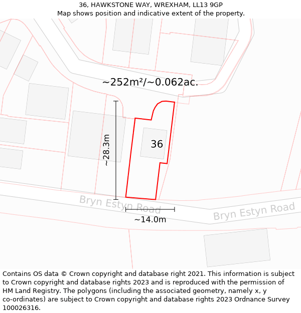 36, HAWKSTONE WAY, WREXHAM, LL13 9GP: Plot and title map